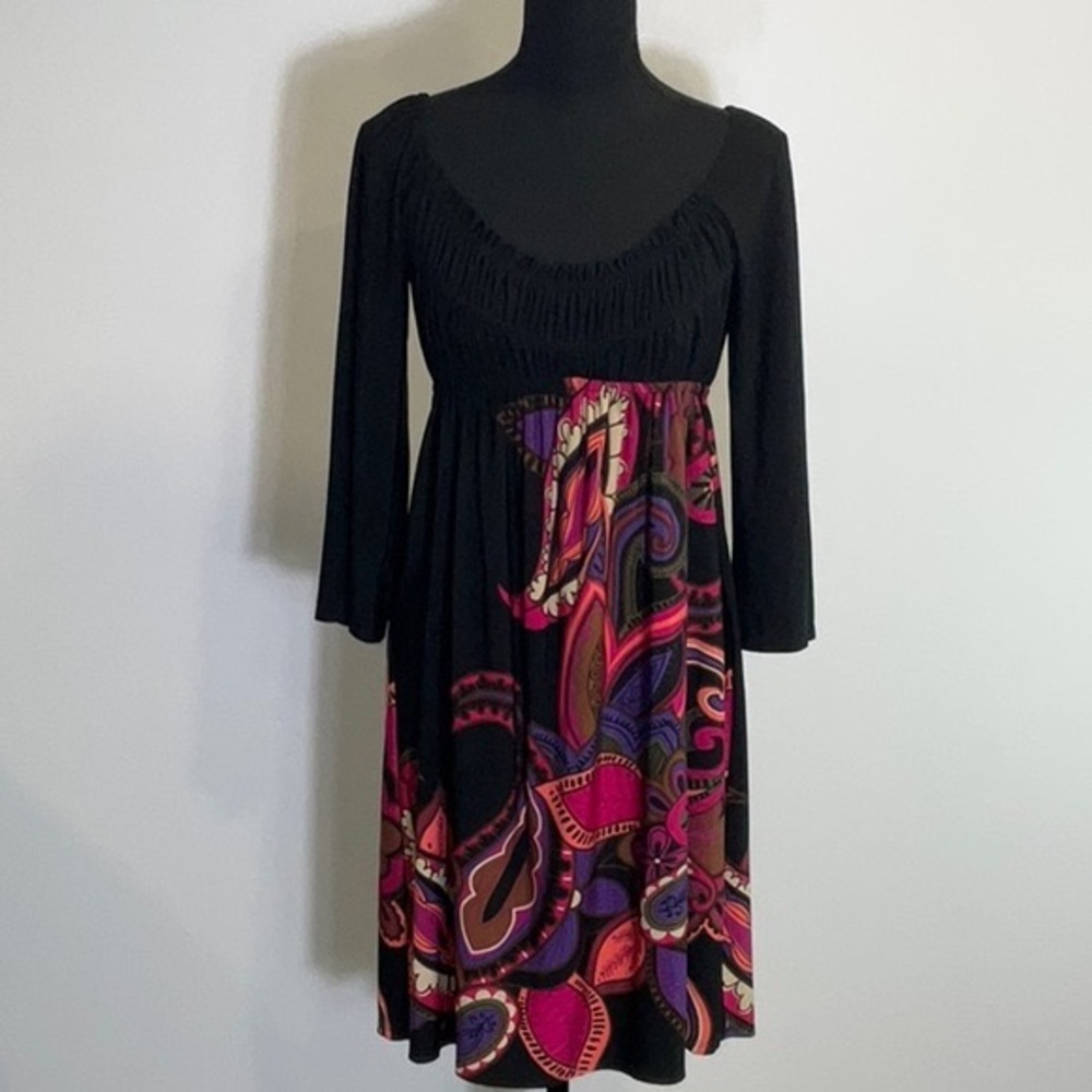 Muse Smocked Top Black/Colorful Print Dress EUC
